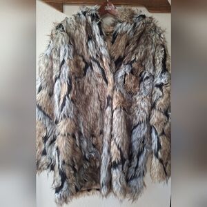 Fhillinuo Multicolored Shaggy Faux Fur Coat Hooded Clasp Closure Womens Size S